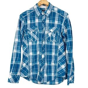 BKE Blue Plaid Pearl Snap Western Work Rodeo Athletic Fit Shirt Size-M Ranchwear